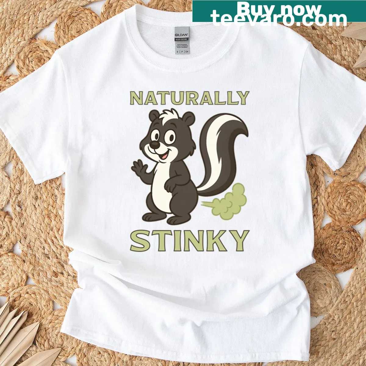 Funny cartoon skunk graphic T-shirt featuring fart humor — on a men's t-shirt