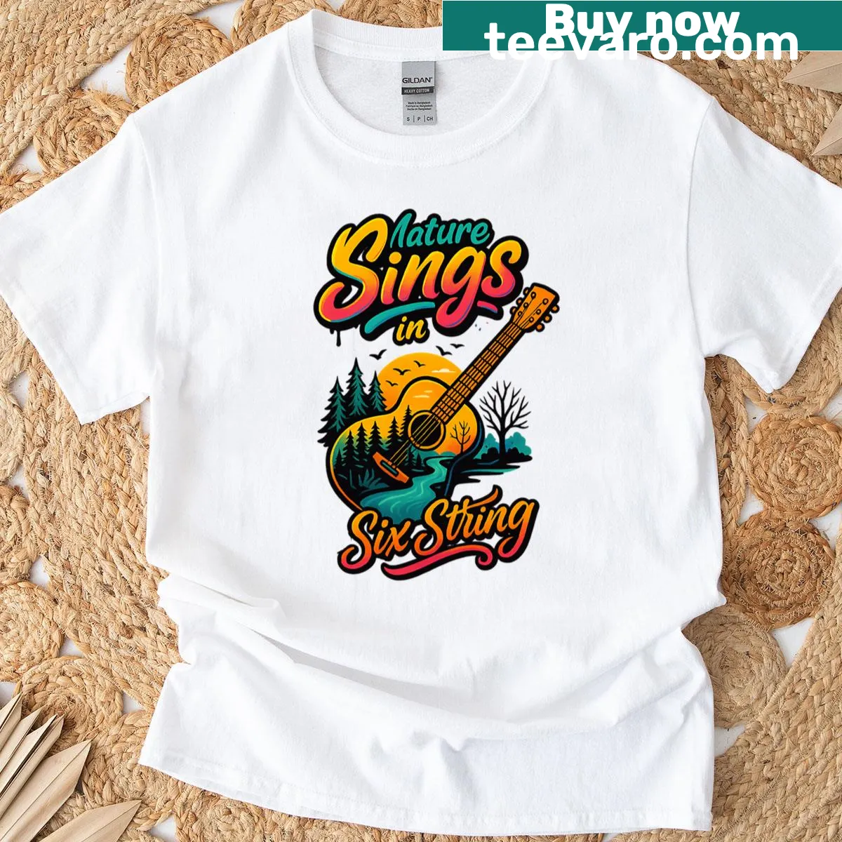 Graphic T-shirt with guitar and nature elements design — on a men's t-shirt