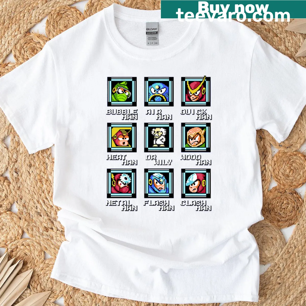 Nostalgic NES Mega Man bosses graphic T-shirt for gamers — on a men's t-shirt