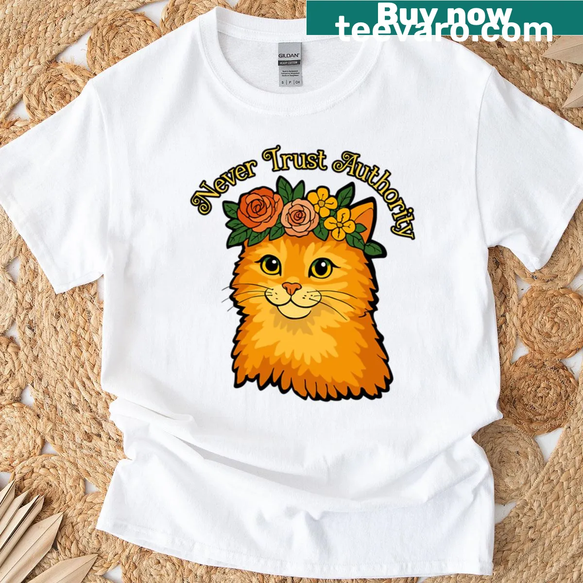 Oversized t-shirt featuring a cat with a flower crown and bold text — on a men's t-shirt