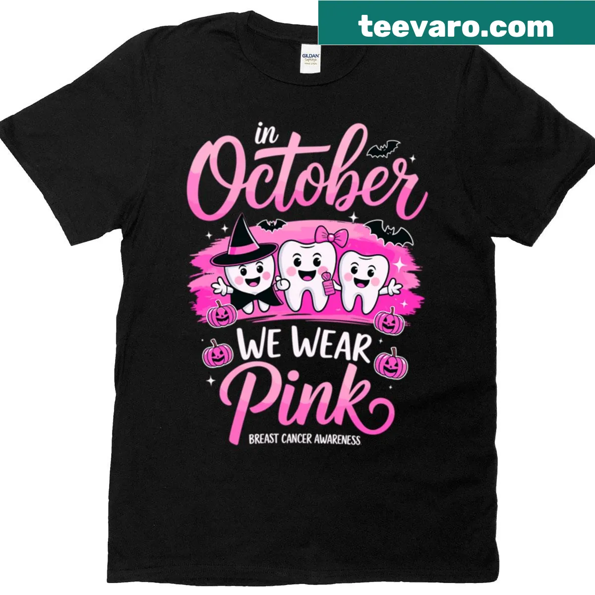 Pink teeth awareness graphic on a t-shirt for October — on a men's t-shirt