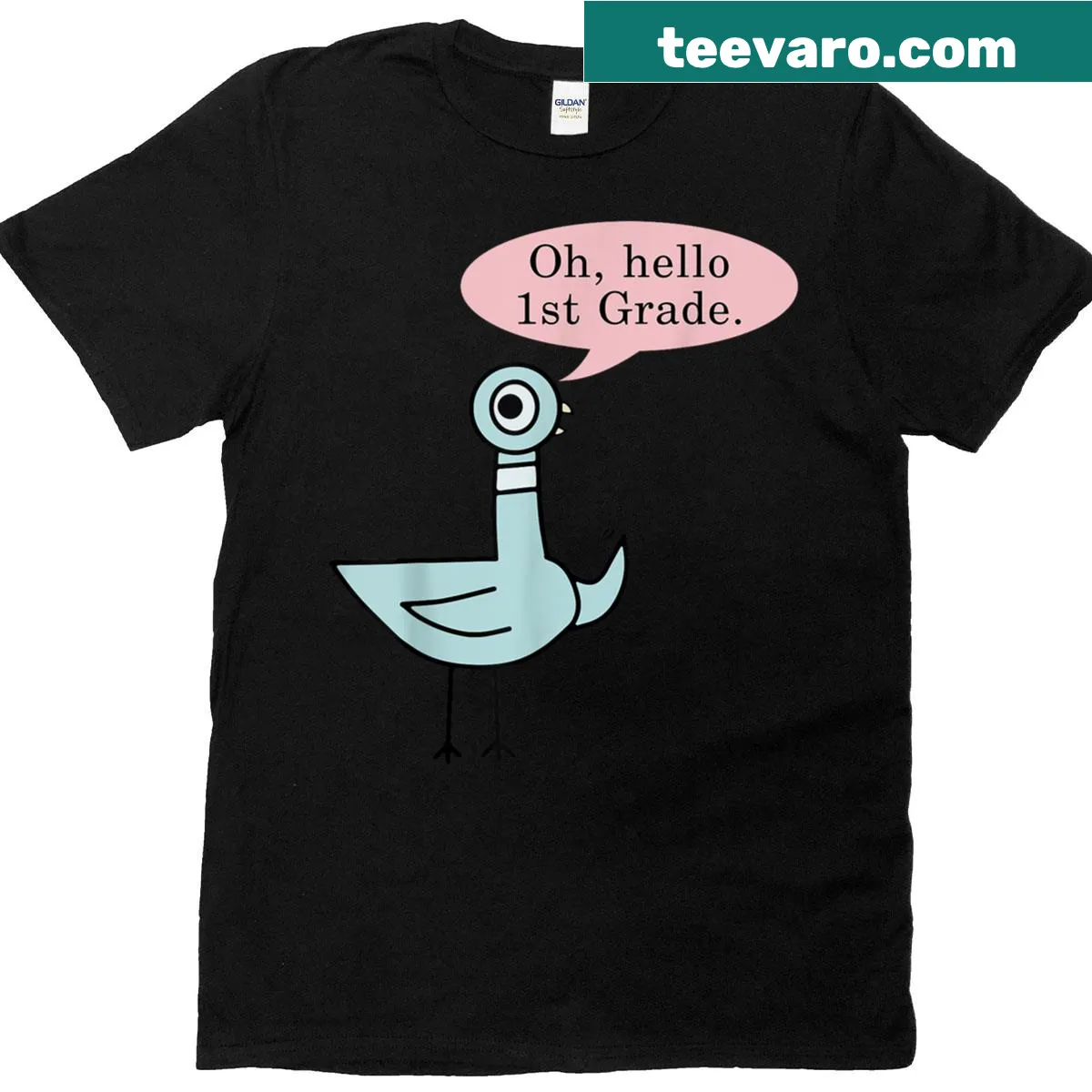 Cute t-shirt for 1st grade teachers featuring a friendly pigeon and welcoming text. — on a men's t-shirt