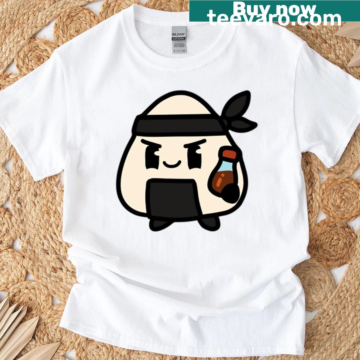 Onigiri Ninja Warrior t-shirt featuring a ninja holding a rice ball — on a men's t-shirt