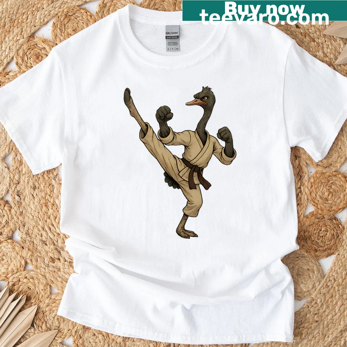 Oversized T-shirt with a cartoon ostrich performing a high kick — on a men's t-shirt