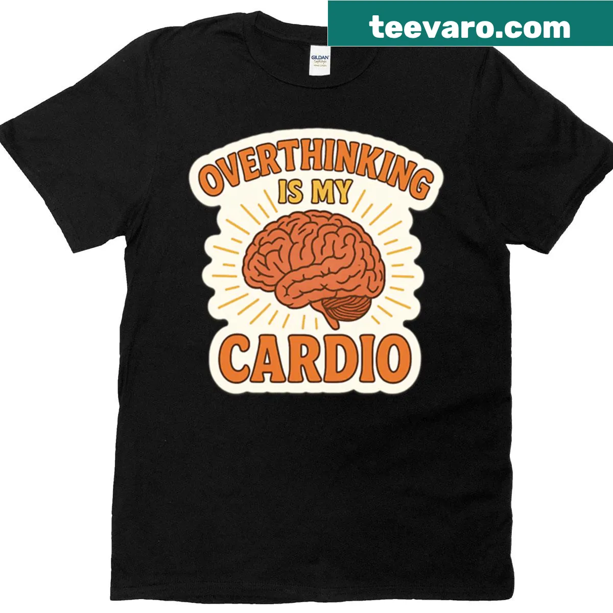 Humorous t-shirt with 'Overthinking Is My Cardio' text — on a men's t-shirt