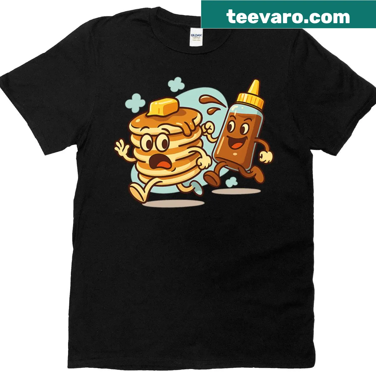 Oversized cartoon t-shirt depicting a funny pancake chase — on a men's t-shirt