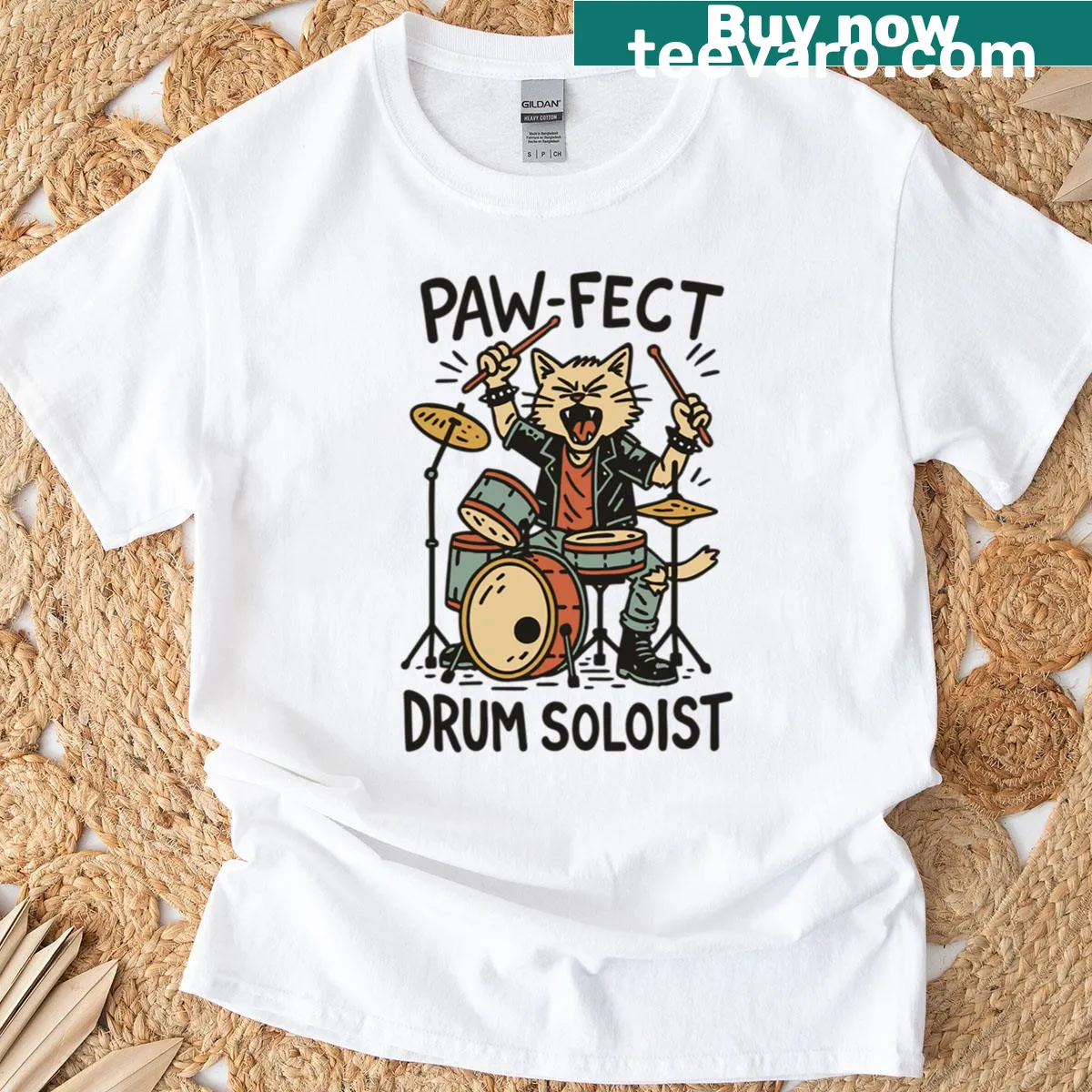 Illustration of a cat playing drums on a T-shirt — on a men's t-shirt