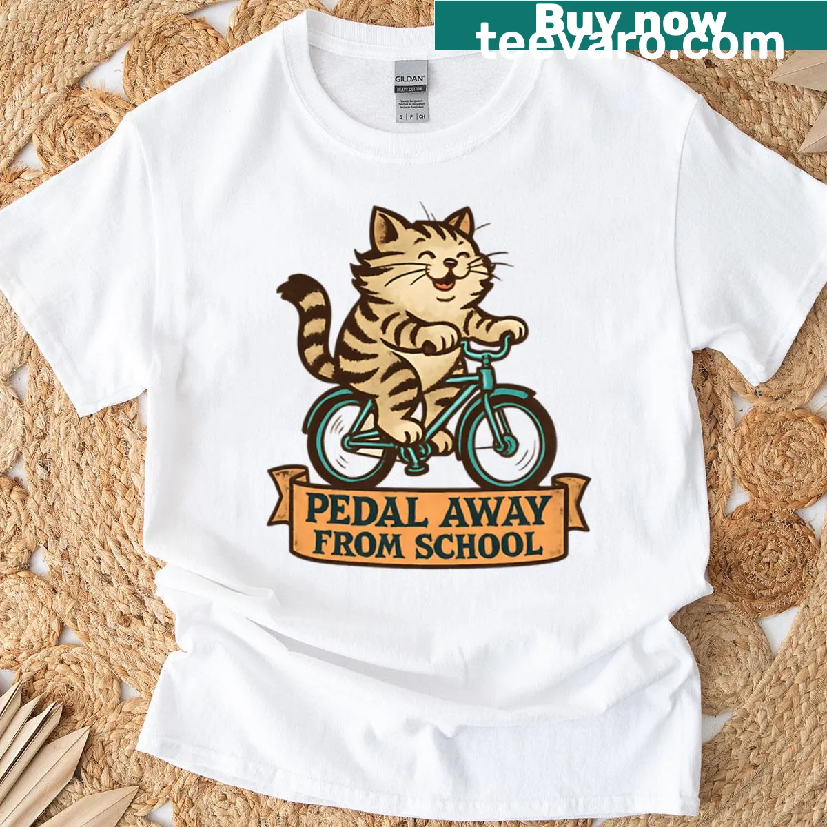 Vintage-style T-shirt featuring a cat riding a bicycle. — on a men's t-shirt