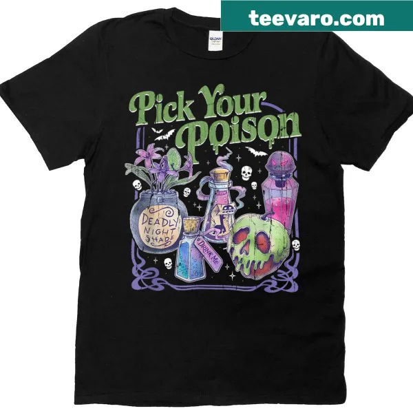 Vintage-style Halloween t-shirt featuring a princess and 'Pick Your Poison' text