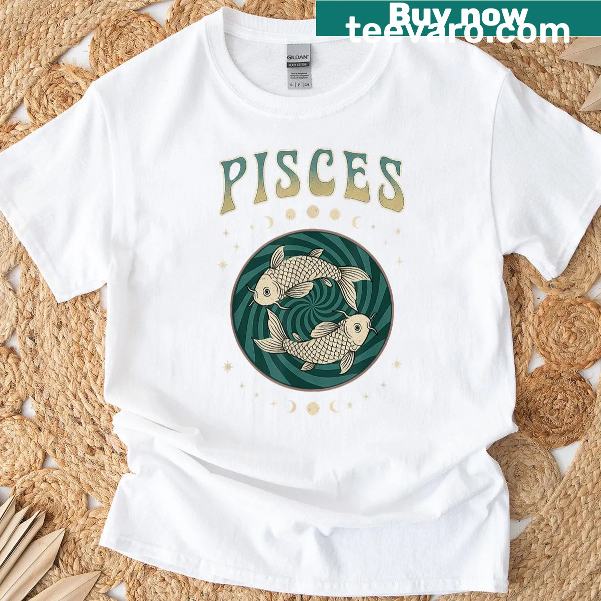 Vintage Pisces zodiac graphic T-shirt with fish illustration — on a men's t-shirt