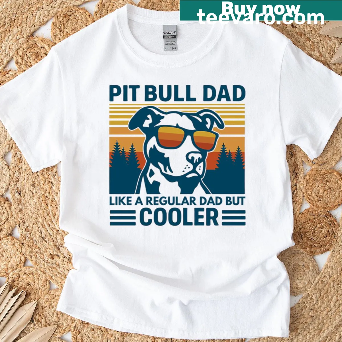 Fun t-shirt for pit bull dads with a humorous message — on a men's t-shirt