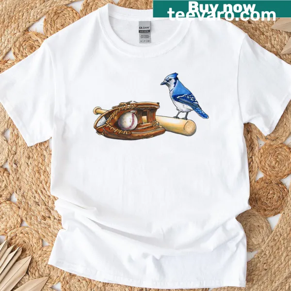Blue jay cartoon with a glove, bat, and baseball on a T-shirt