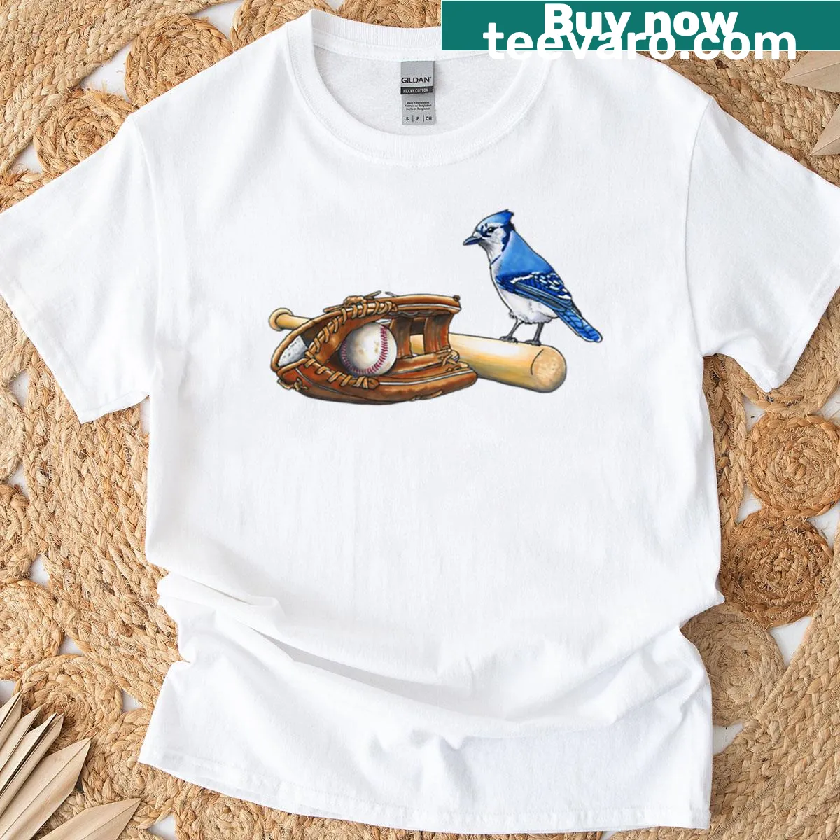 Blue jay cartoon with a glove, bat, and baseball on a T-shirt — on a men's t-shirt