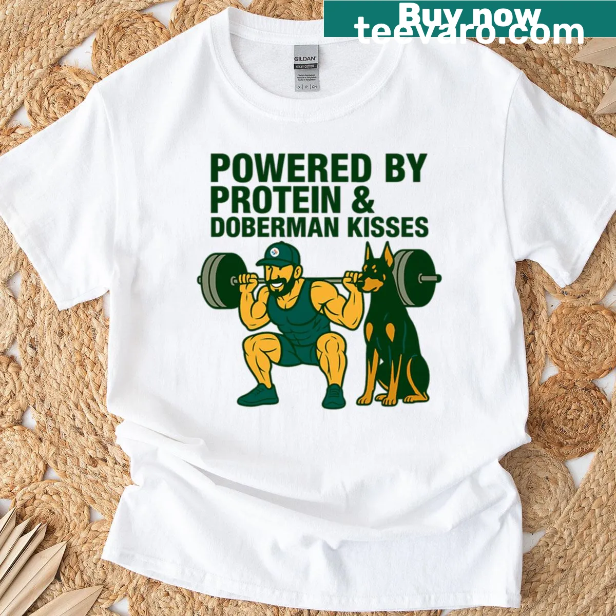 Bodybuilder T-shirt featuring a playful design of a Doberman and protein theme. — on a men's t-shirt