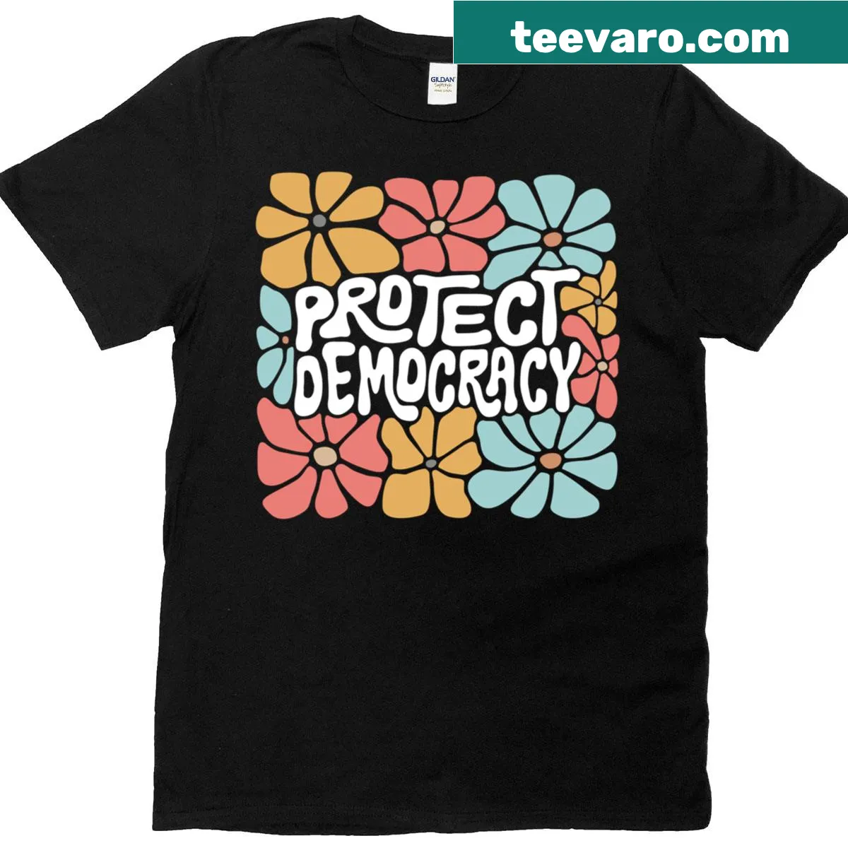 Vintage distressed t-shirt with 'Protect Democracy' text. — on a men's t-shirt