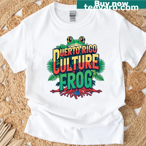 Illustration of a frog with tropical elements representing Puerto Rican culture
