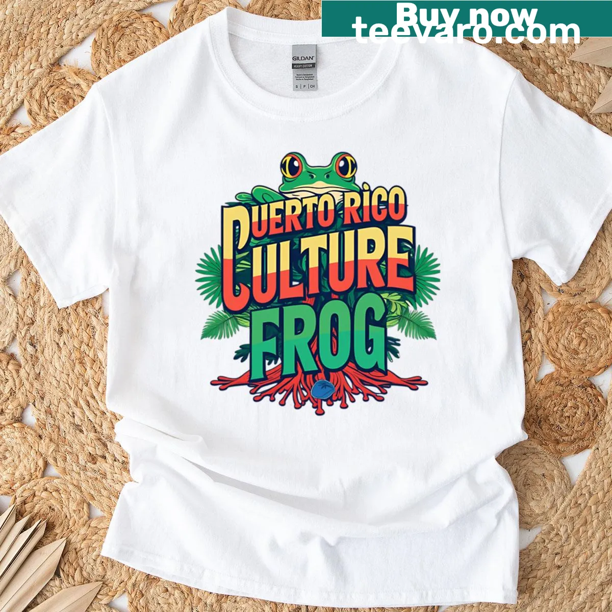 Illustration of a frog with tropical elements representing Puerto Rican culture — on a men's t-shirt