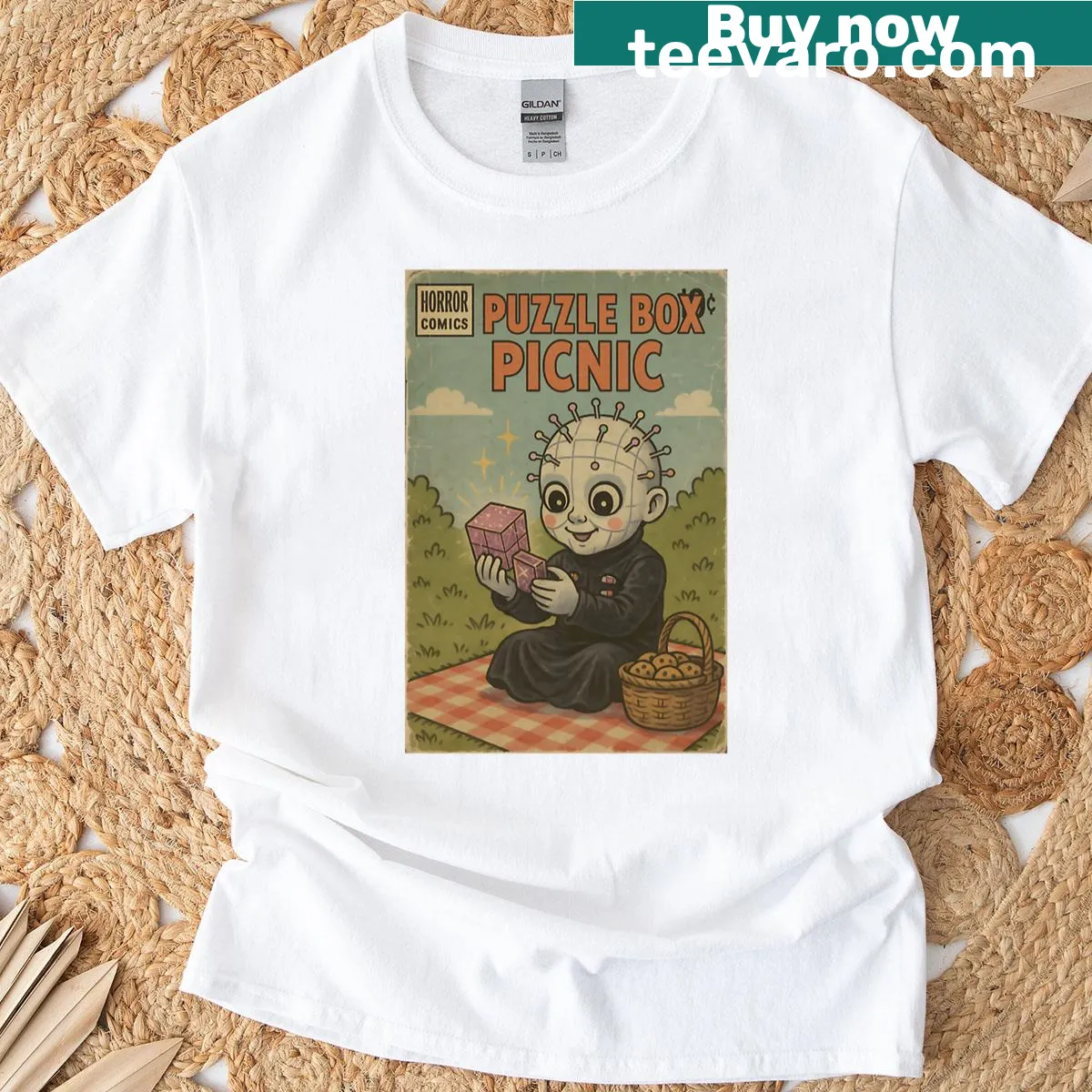 Cute Halloween t-shirt with puzzle box picnic illustration — on a men's t-shirt