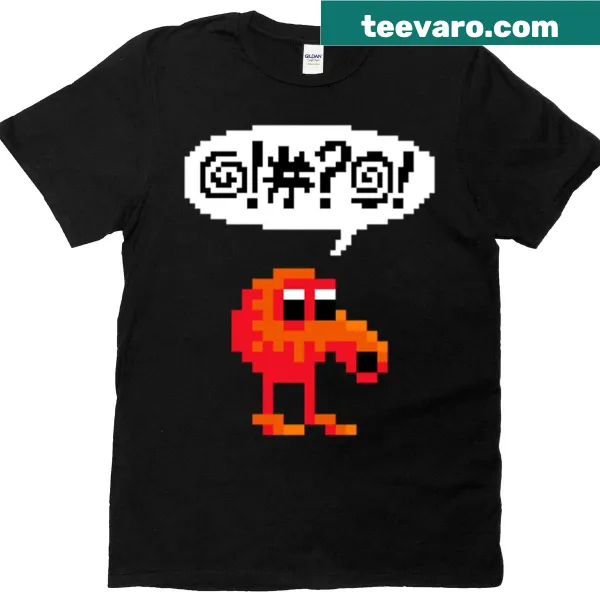 Cartoon Qbert reacting with humor to failure on a t-shirt