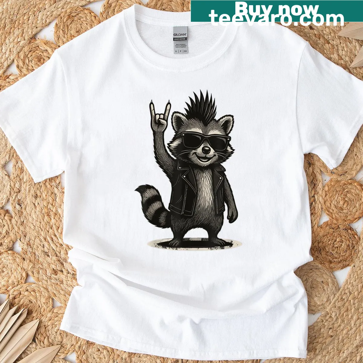 Vintage-style T-shirt featuring a punk rock raccoon graphic — on a men's t-shirt