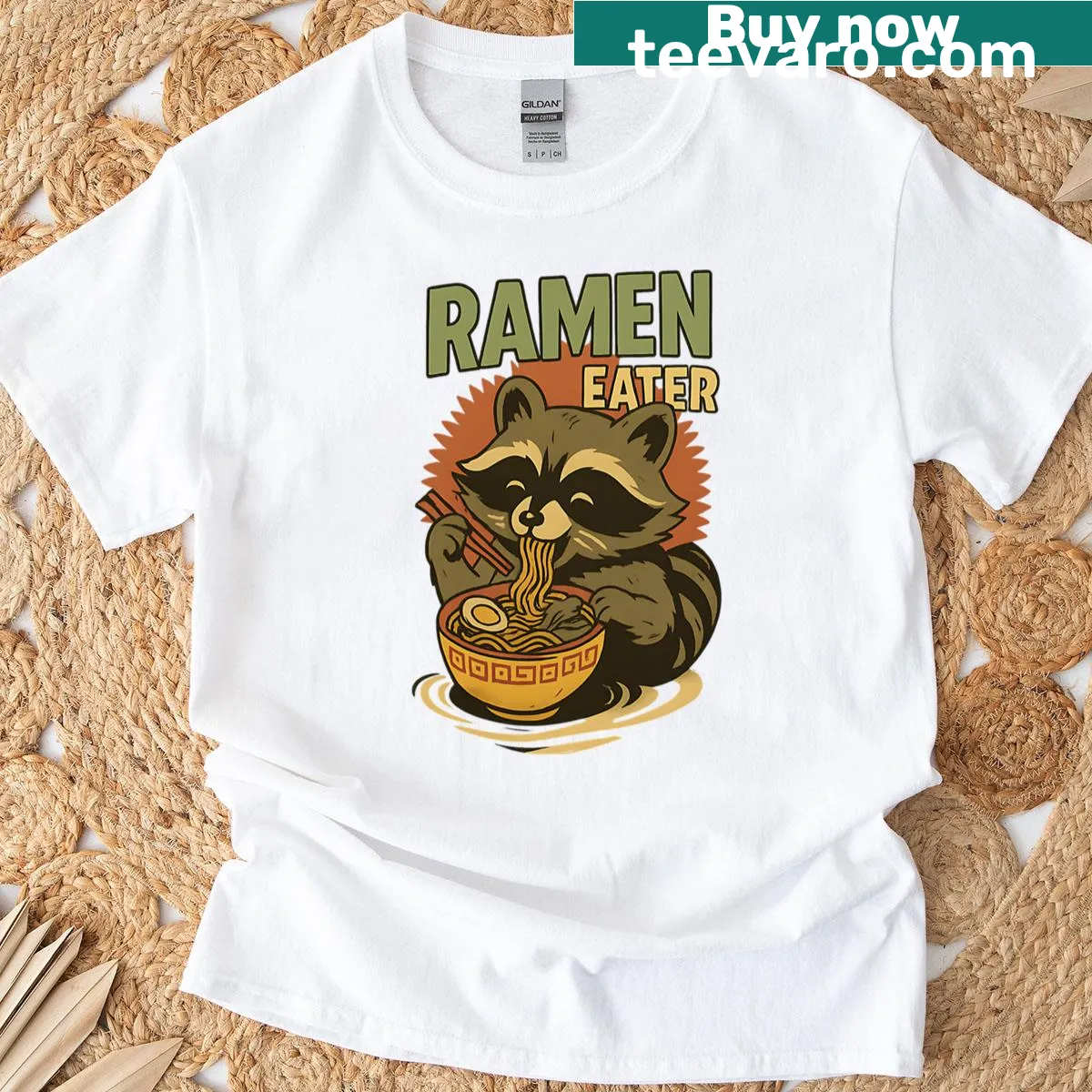 Cute raccoon t-shirt enjoying ramen noodles — on a men's t-shirt