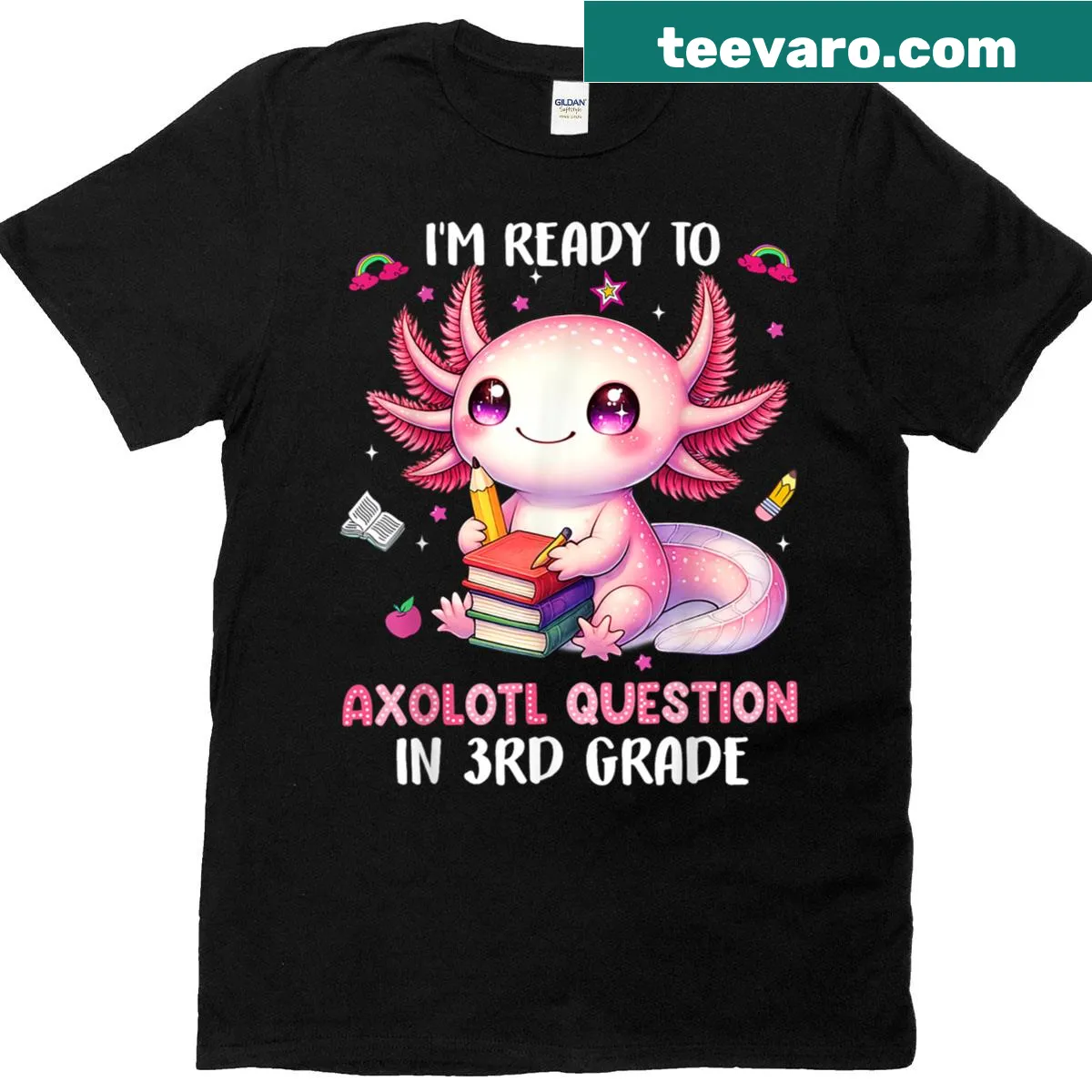 Cute T-shirt with axolotl and school questions for third graders — on a men's t-shirt
