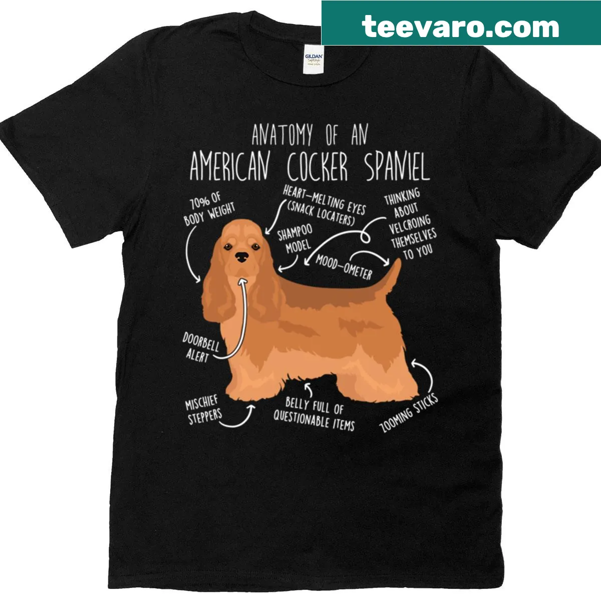 Illustrated T-shirt featuring anatomy of a Red American Cocker Spaniel — on a men's t-shirt