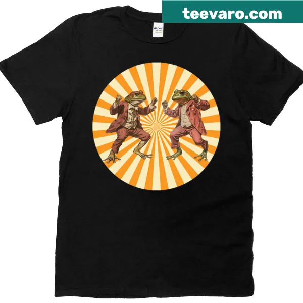 Cartoon design of retro dancing frogs in suits on a T-shirt.