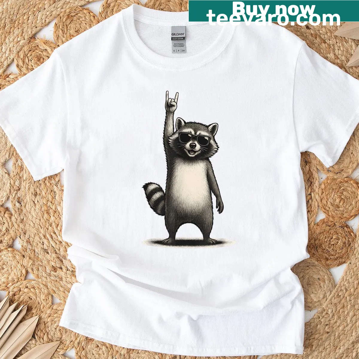 Funny cartoon raccoon T-shirt with rock hand gesture — on a men's t-shirt