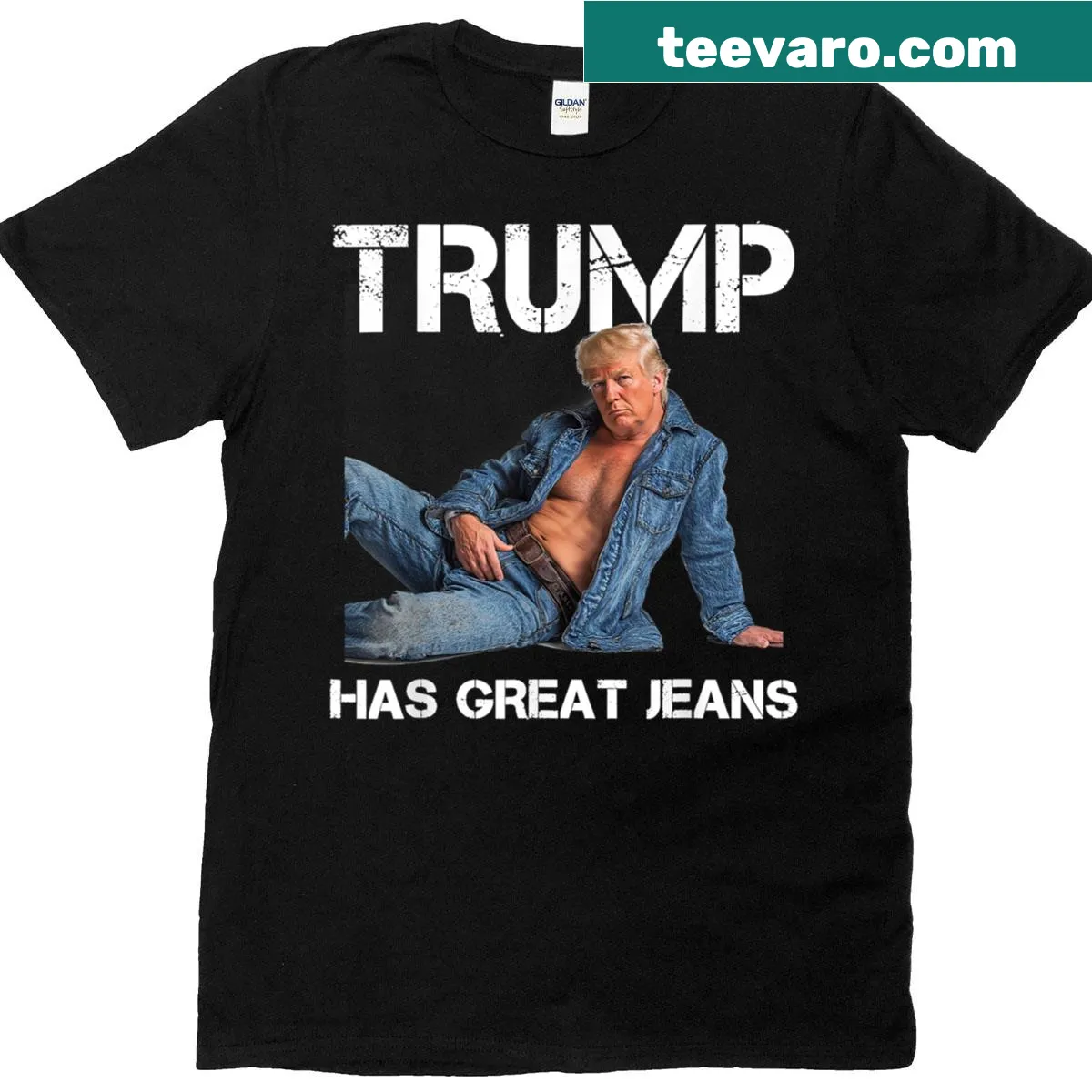 Vintage t-shirt with the meme phrase 'Trump Has Great Jeans' in retro style — on a men's t-shirt