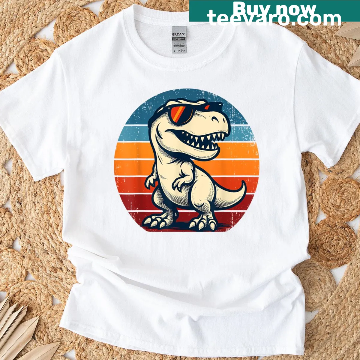 Retro dinosaur T-shirt featuring a T-rex with sunglasses against a sunset — on a men's t-shirt