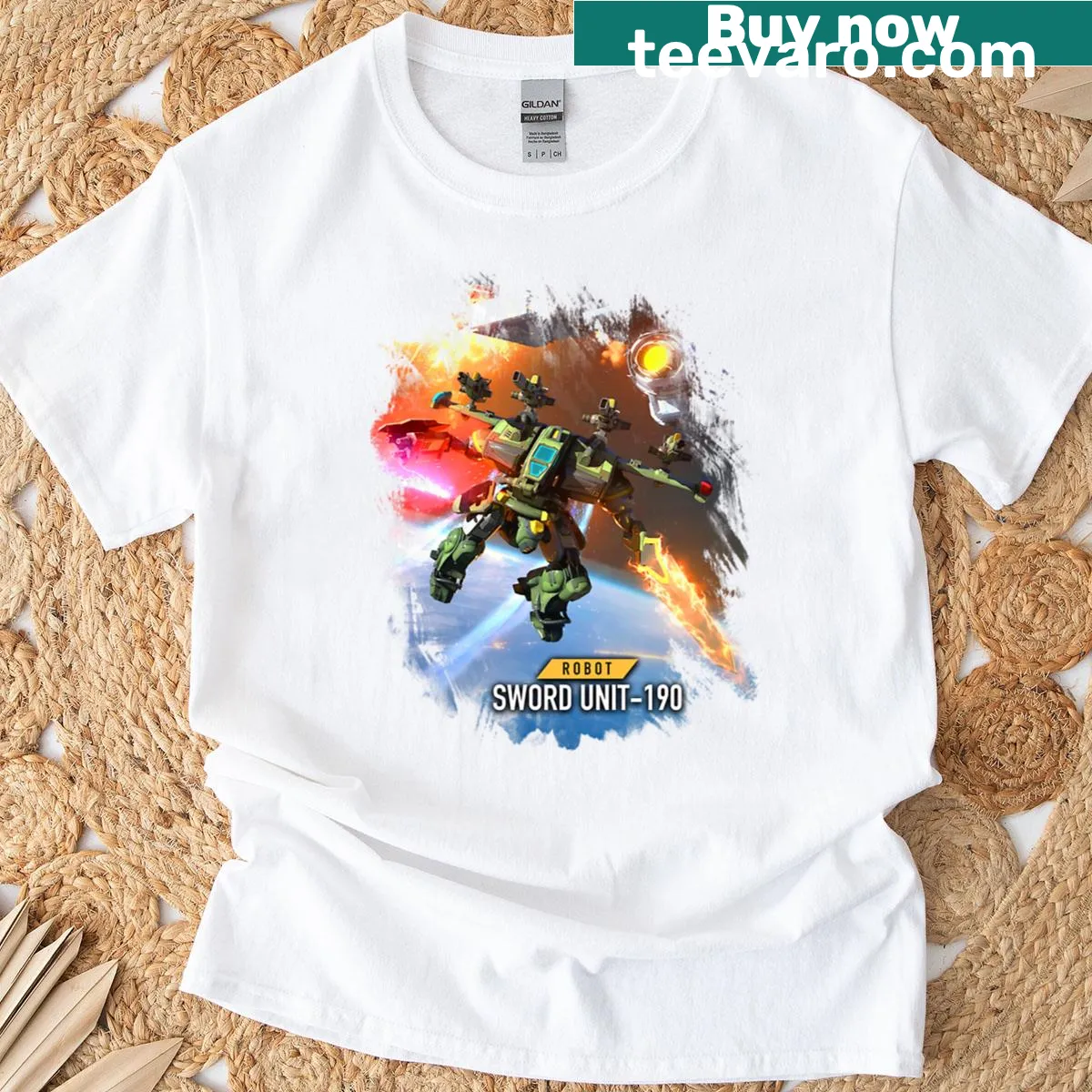 Illustrated T-shirt of Robot Unit 190 in a war zone setting — on a men's t-shirt