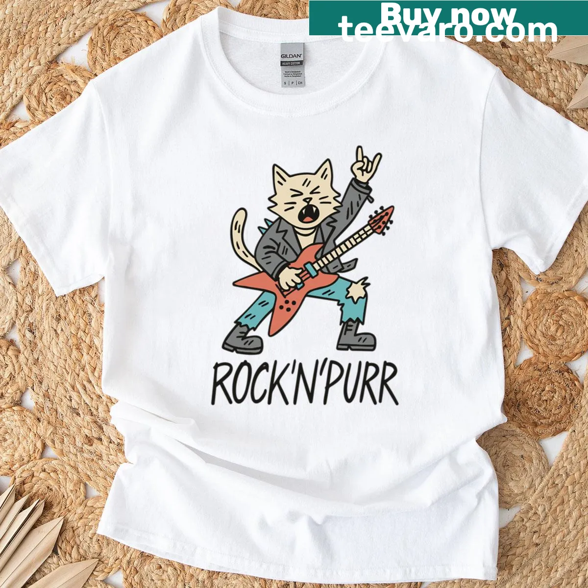 Oversized T-shirt with a cartoon cat playing guitar — on a men's t-shirt