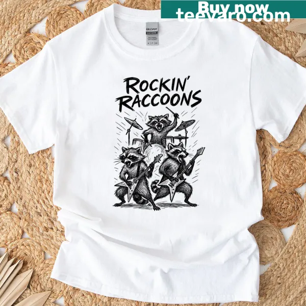 Cartoon-style t-shirt with raccoons playing in a wild band