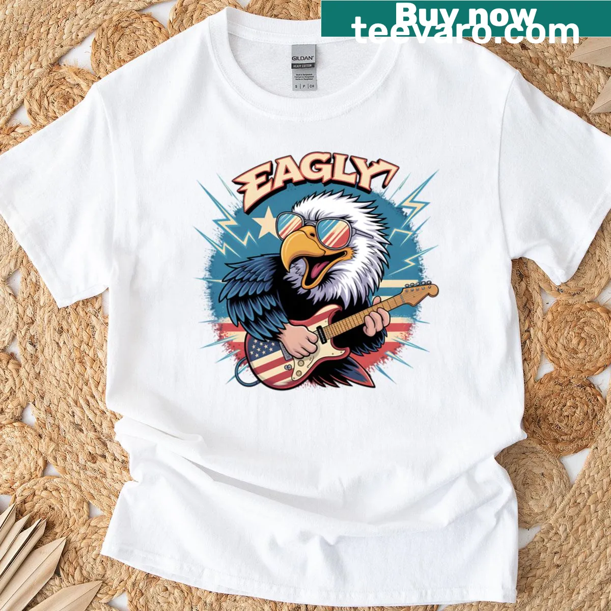 Cartoon eagle playing guitar on a T-shirt — on a men's t-shirt