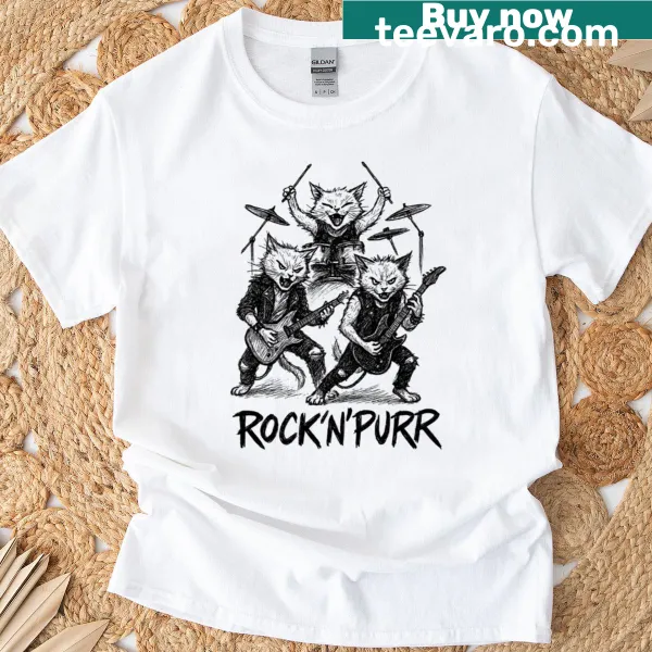 Funny cartoon T-shirt featuring cats in a rock band