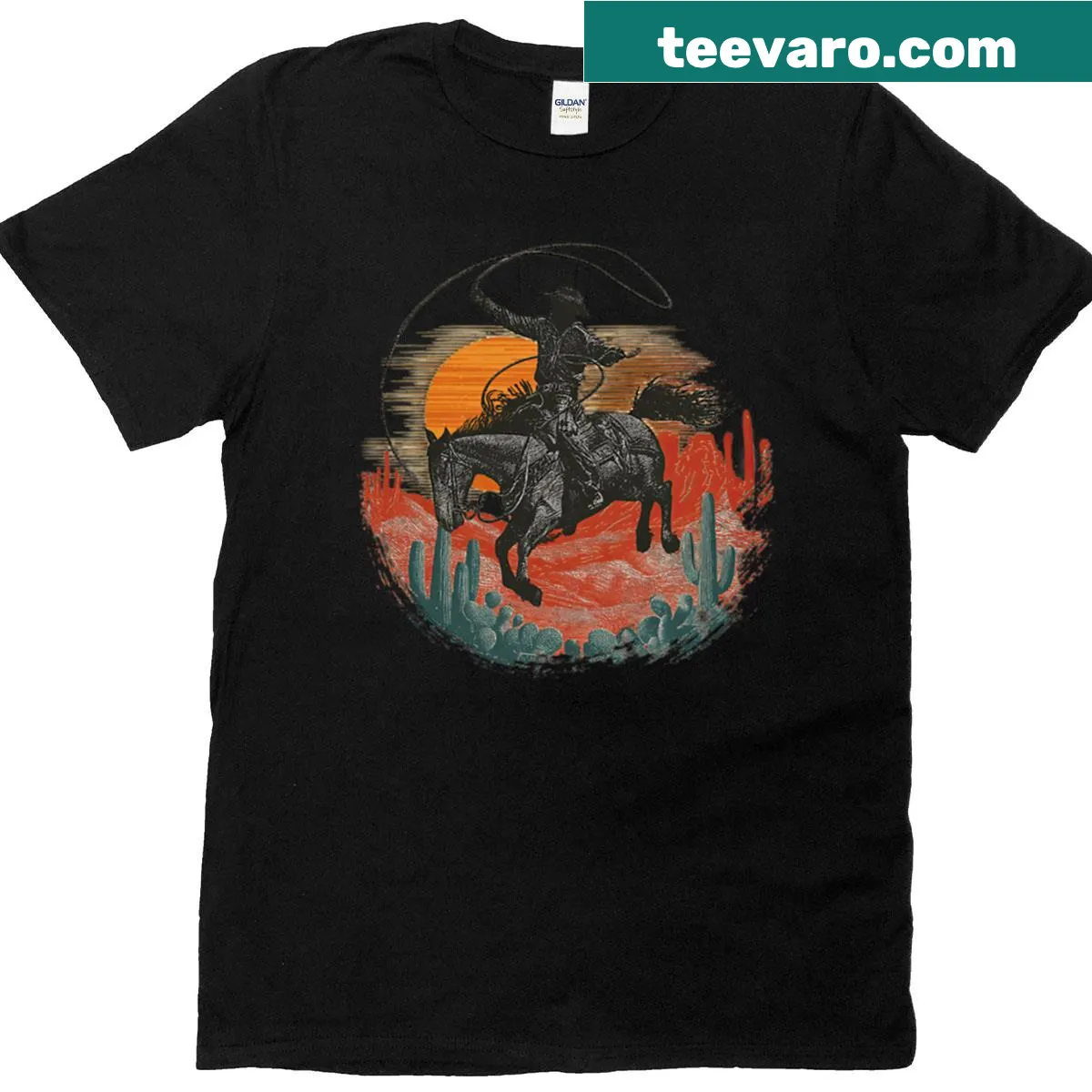 Vintage cowboy on horse with lasso graphic T-shirt — on a men's t-shirt