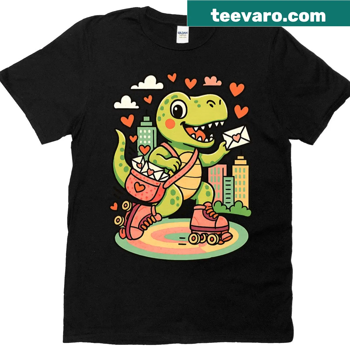 Oversized t-shirt featuring roller skating dinosaurs delivering mail — on a men's t-shirt