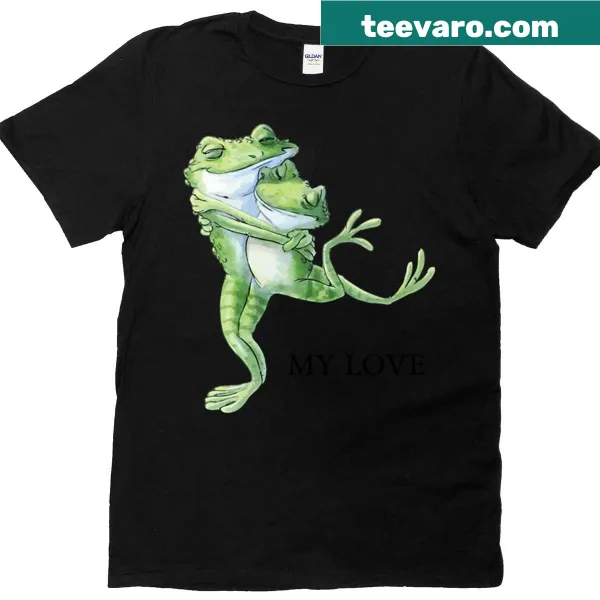 Illustration of romantic frogs hugging on a t-shirt