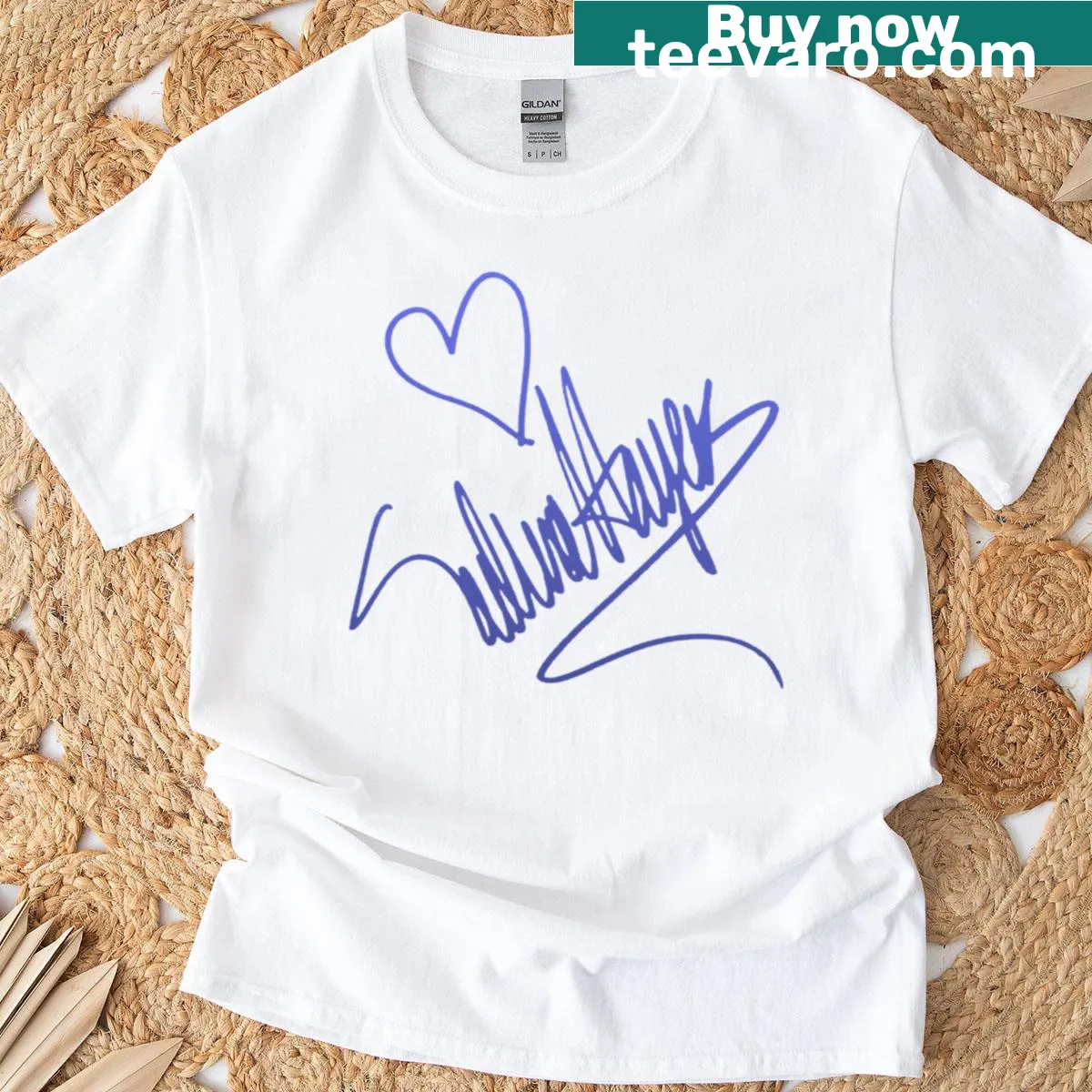 T-shirt featuring Salma Hayek's autograph design — on a men's t-shirt
