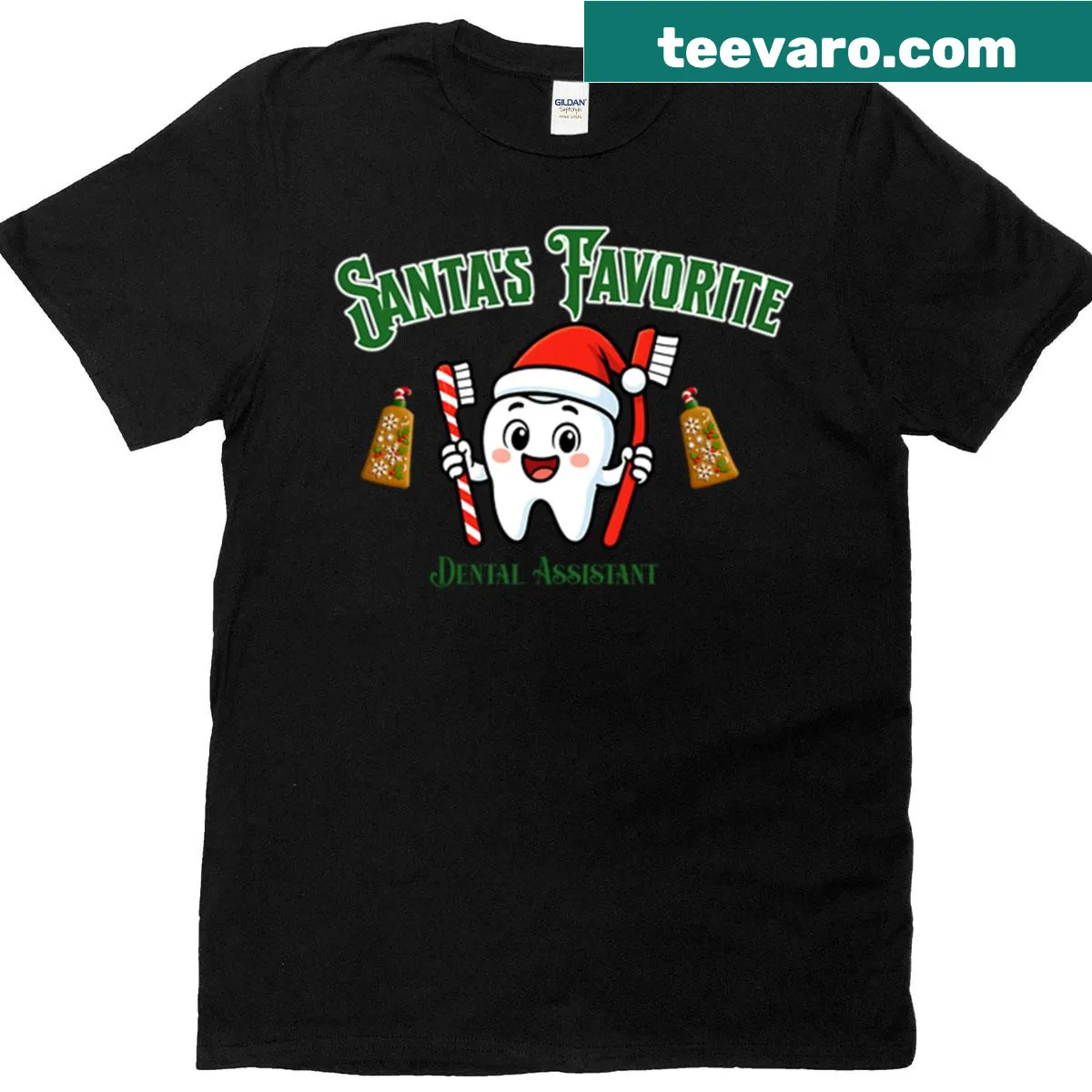 Funny Christmas design featuring a tooth with a Santa hat — on a men's t-shirt