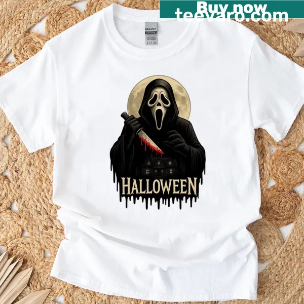 Creepy Halloween T-shirt with a scary mask and moon graphic