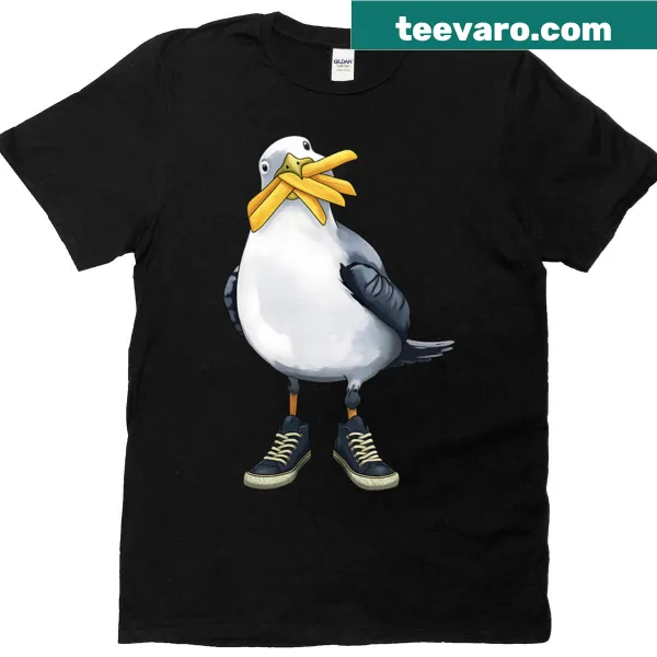 Cartoon seagull wearing sneakers and holding fries