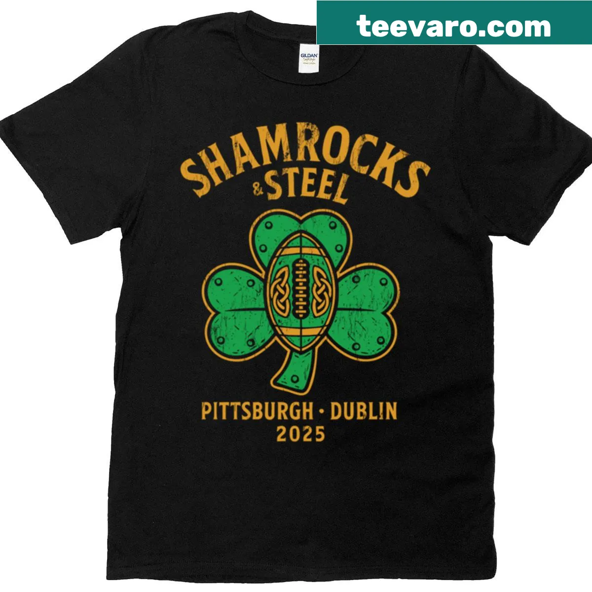 Oversized T-shirt featuring Shamrocks and Steel Pittsburgh X Dublin logo — on a men's t-shirt