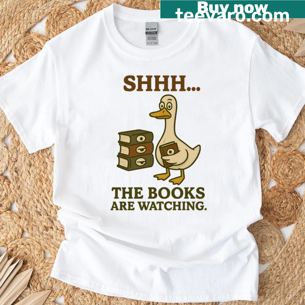 Funny duck in a haunted library graphic on a t-shirt — on a men's t-shirt