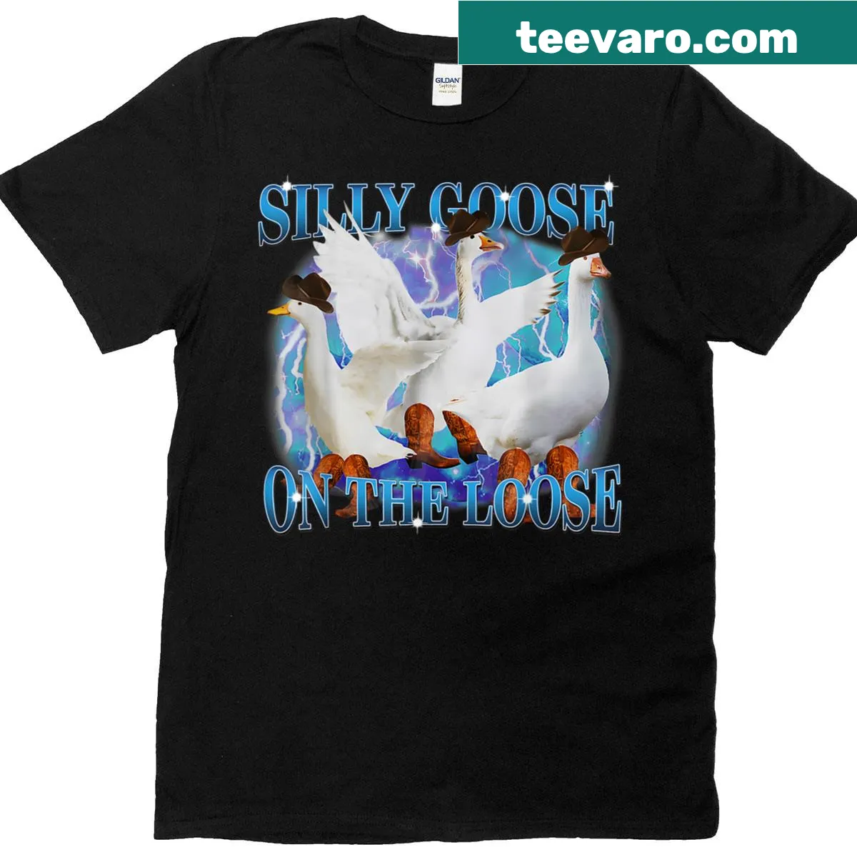 Retro-style T-shirt with 'Silly Goose On The Loose' text — on a men's t-shirt
