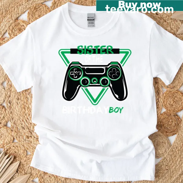Playful gaming-themed t-shirt for sister of the birthday boy