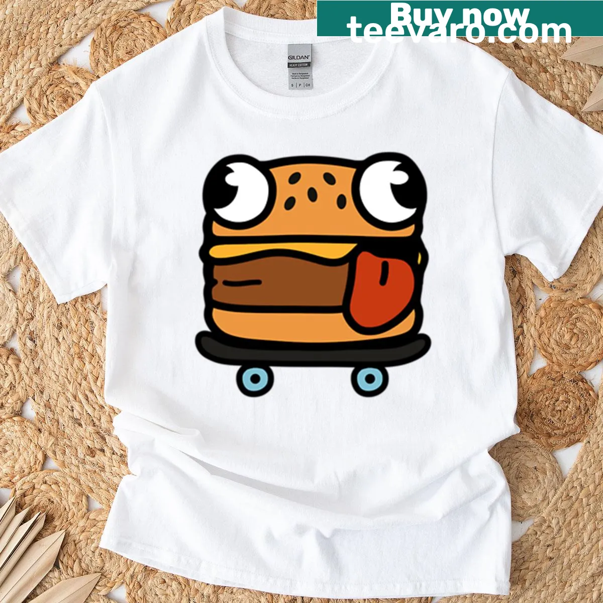 Cartoon burger on a skateboard illustrated on a t-shirt — on a men's t-shirt