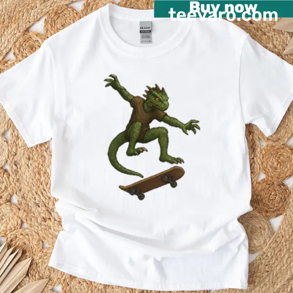 Cartoon t-shirt featuring a lizard man performing a midair kickflip.