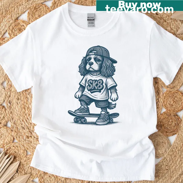 Cartoon graphic T-shirt featuring a spaniel dog in streetwear